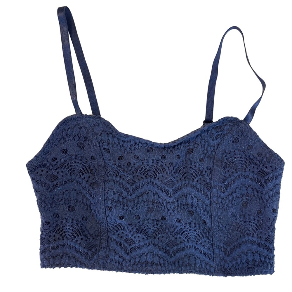 Navy Blue Lace Crop Top with Scalloped Design